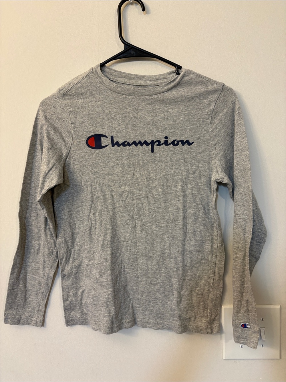 Champion 10/12 Long Sleeve Tee in Heather Gray with Navy & Red Logo